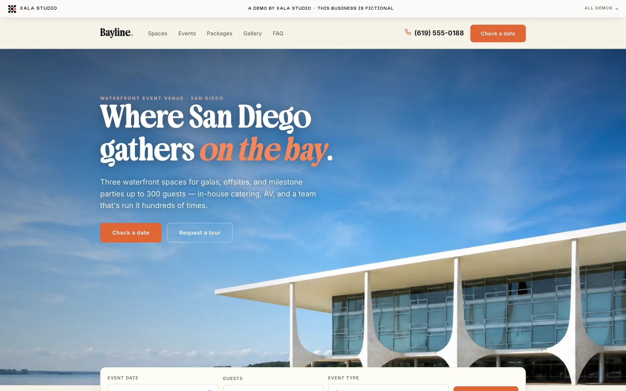 Bayline, a fictional San Diego waterfront event venue demo, cream and sunset-coral with a bold retro serif