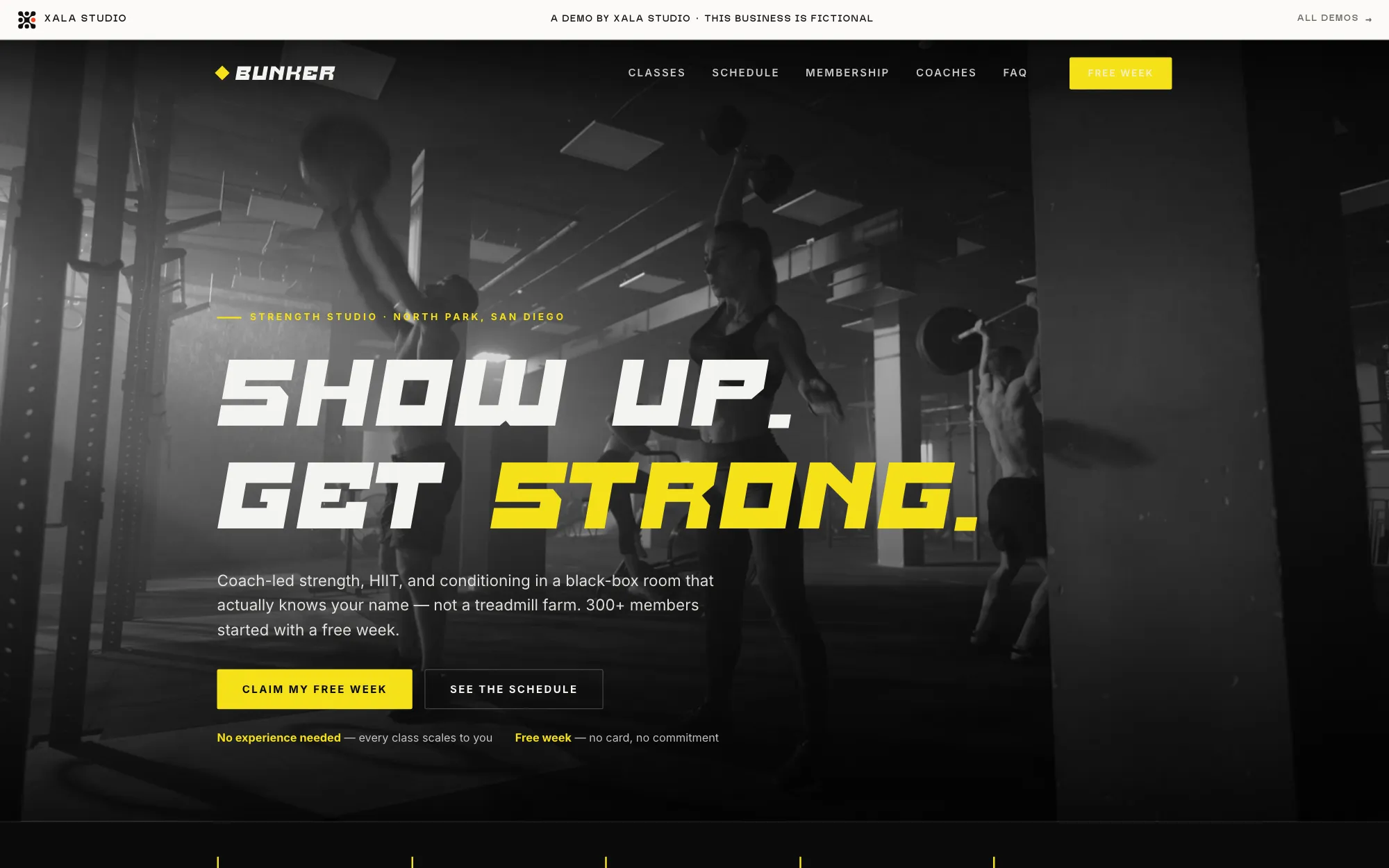 Bunker Strength Co., a fictional San Diego strength studio demo, black and white with an electric-yellow accent