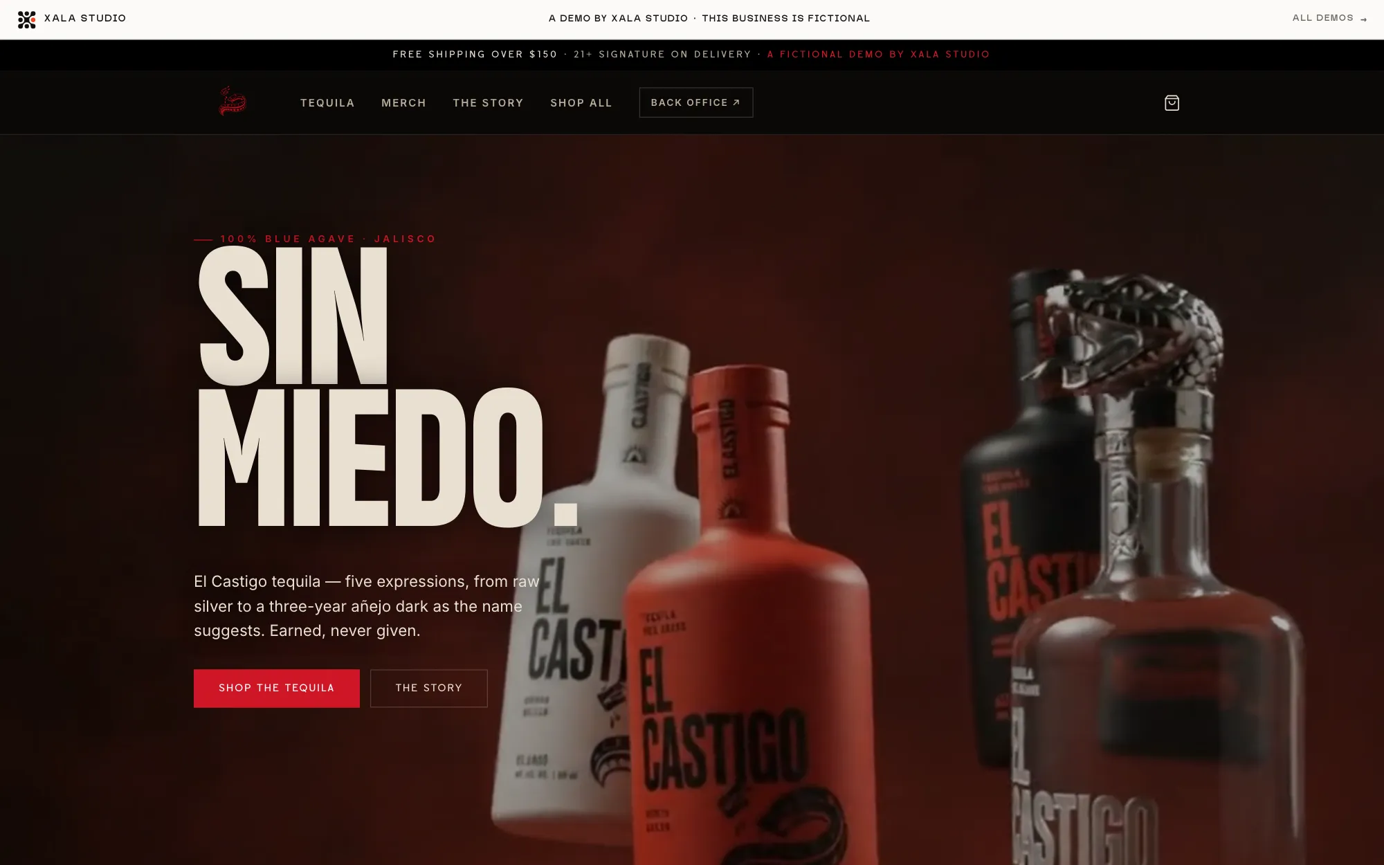 El Castigo, a fictional Jalisco tequila brand demo store, near-black and blood-red with oversized condensed display type