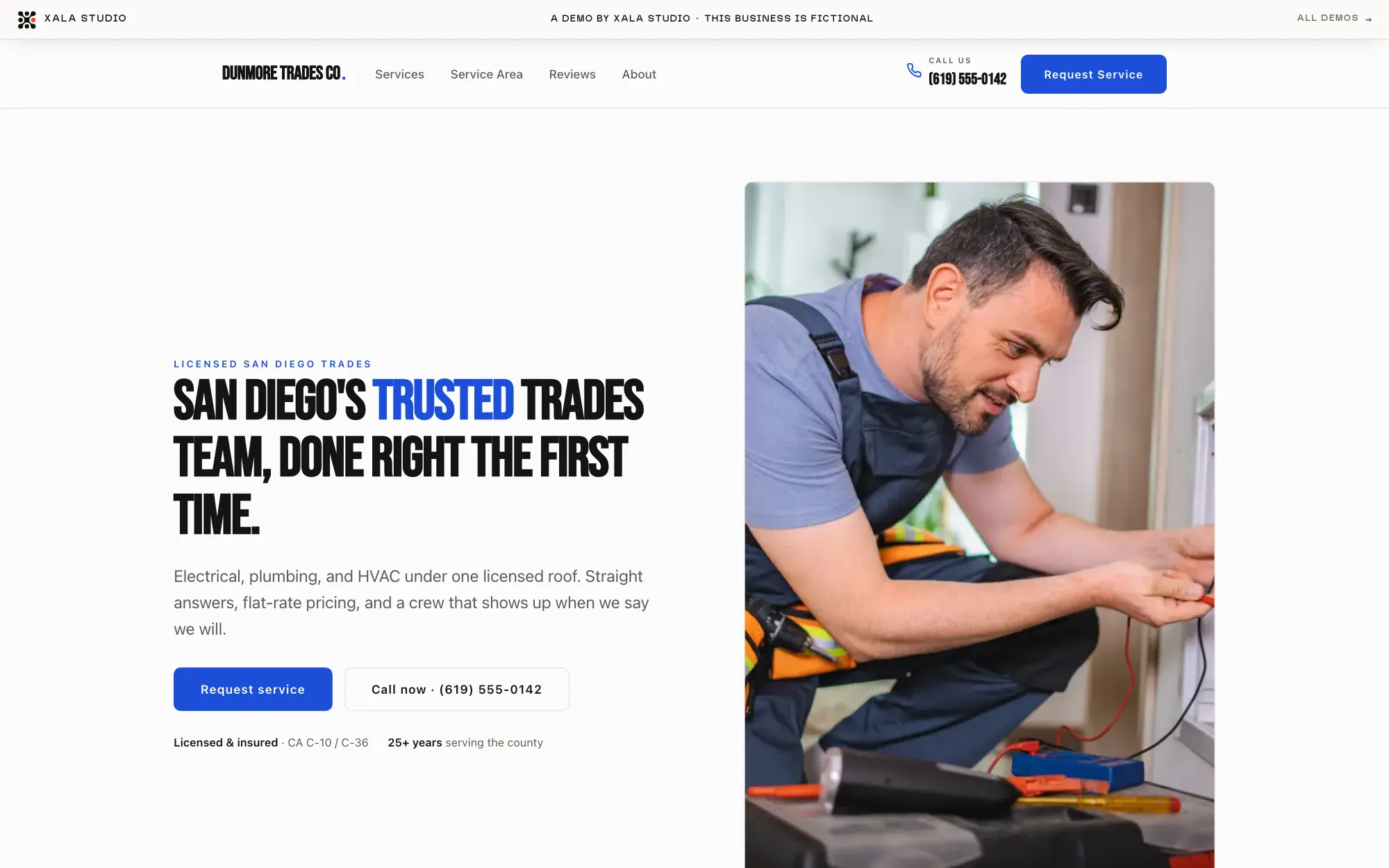 Dunmore Trades Co., a fictional San Diego home-services contractor demo site, clean white with trades blue