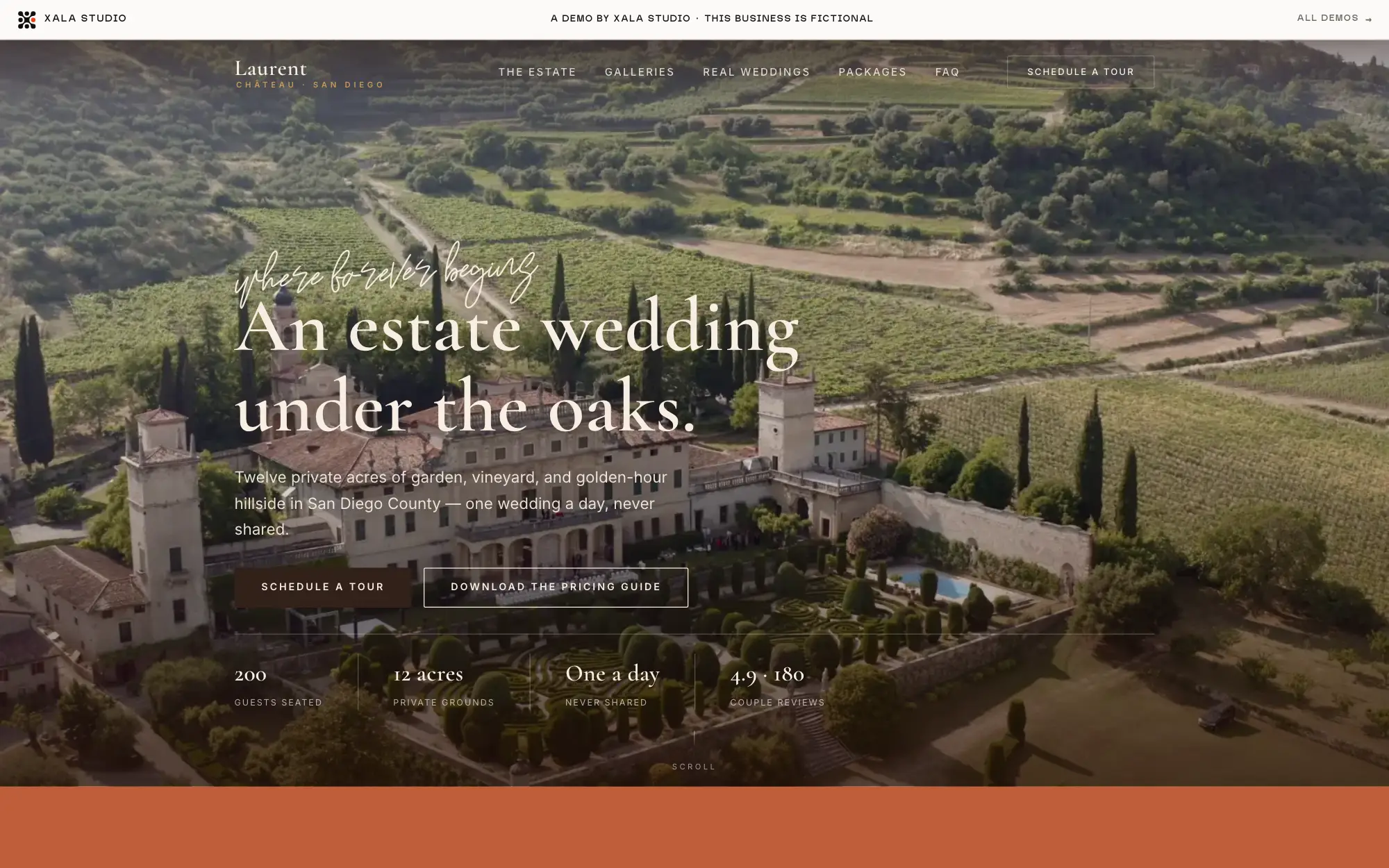 Laurent Château, a fictional San Diego estate wedding venue demo, terracotta and cream
