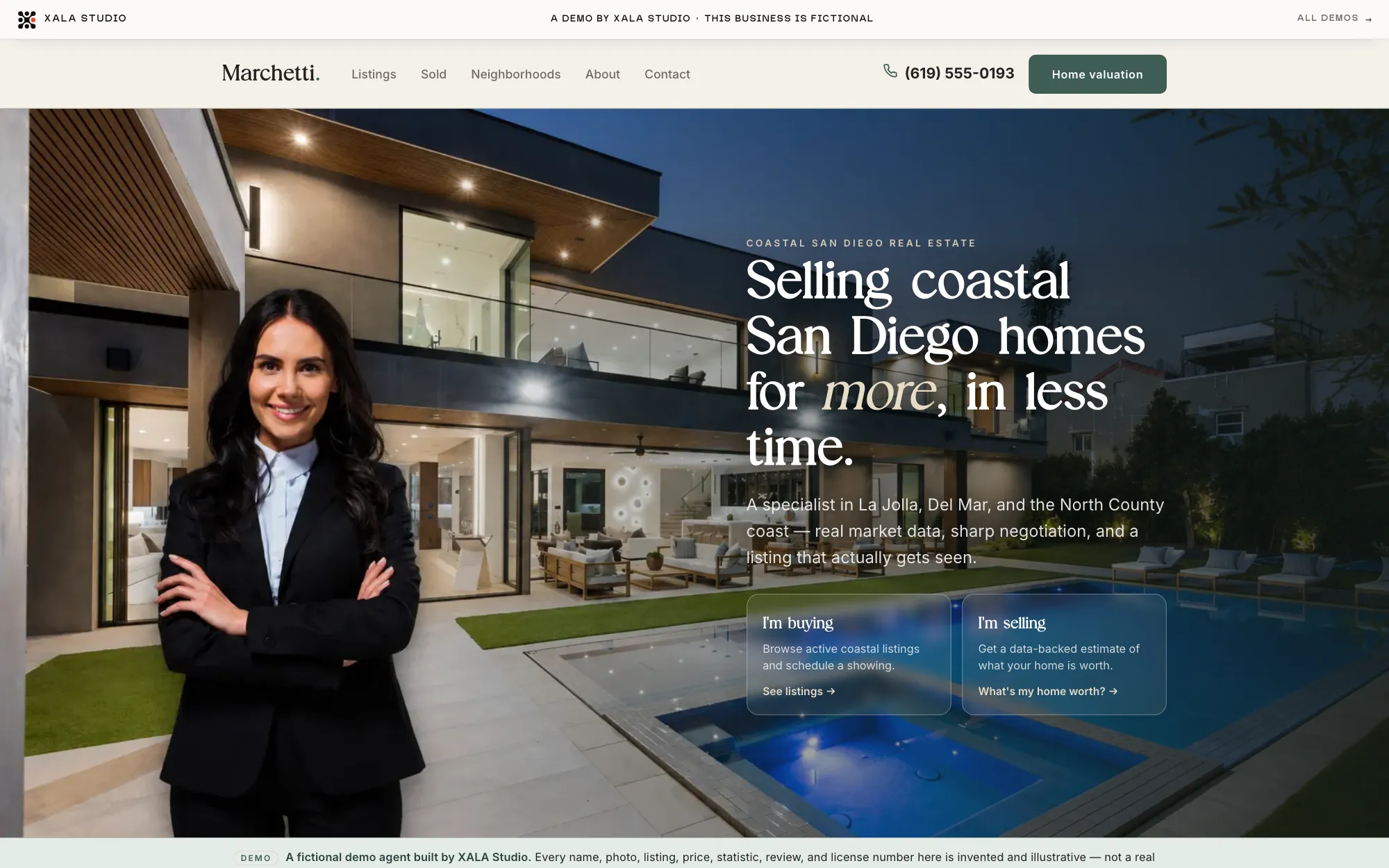 Sloane Marchetti, a fictional coastal San Diego real-estate agent demo, warm limestone and teal-green editorial