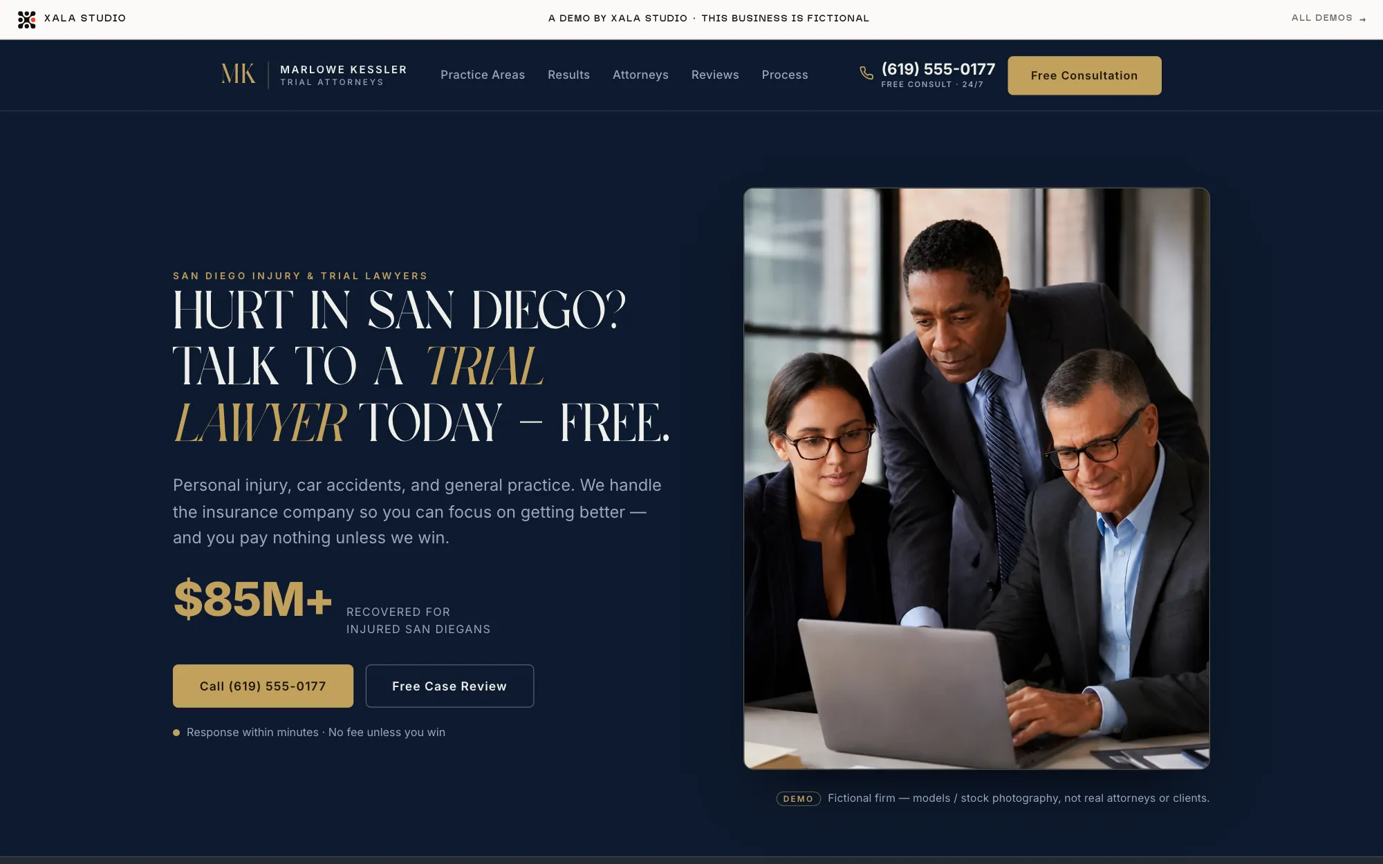 Marlowe Kessler Trial Attorneys, a fictional San Diego injury law-firm demo, deep navy and brass