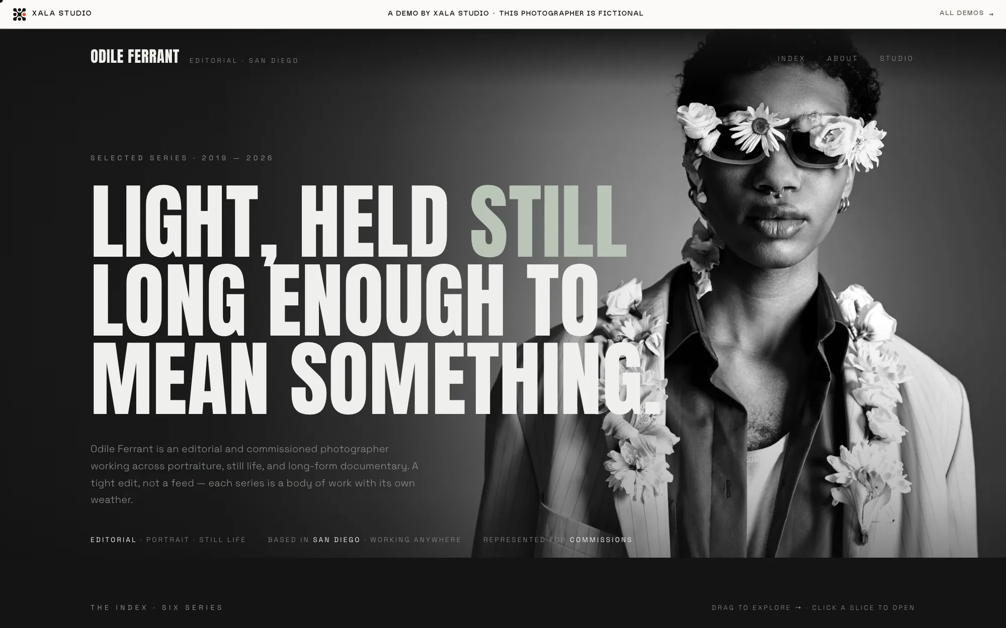 Odile Ferrant, a fictional San Diego editorial photographer demo site, black with oversized condensed display type