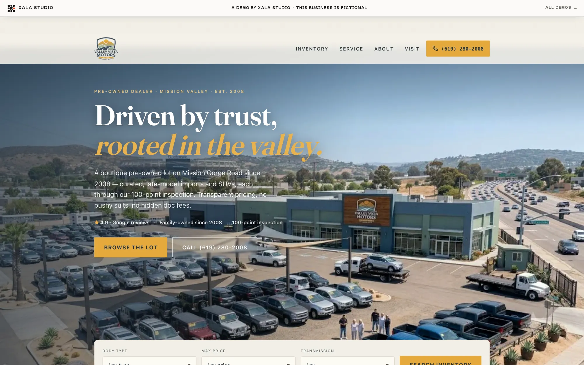 Valley Vista Motors, a fictional boutique San Diego used-car dealership demo, warm cream and slate blue